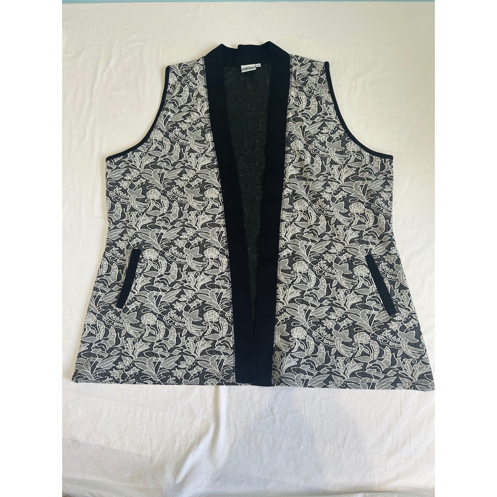 Parsley & Sage Womens 3X Black White Floral Jacquard Open Front Longline Vest
